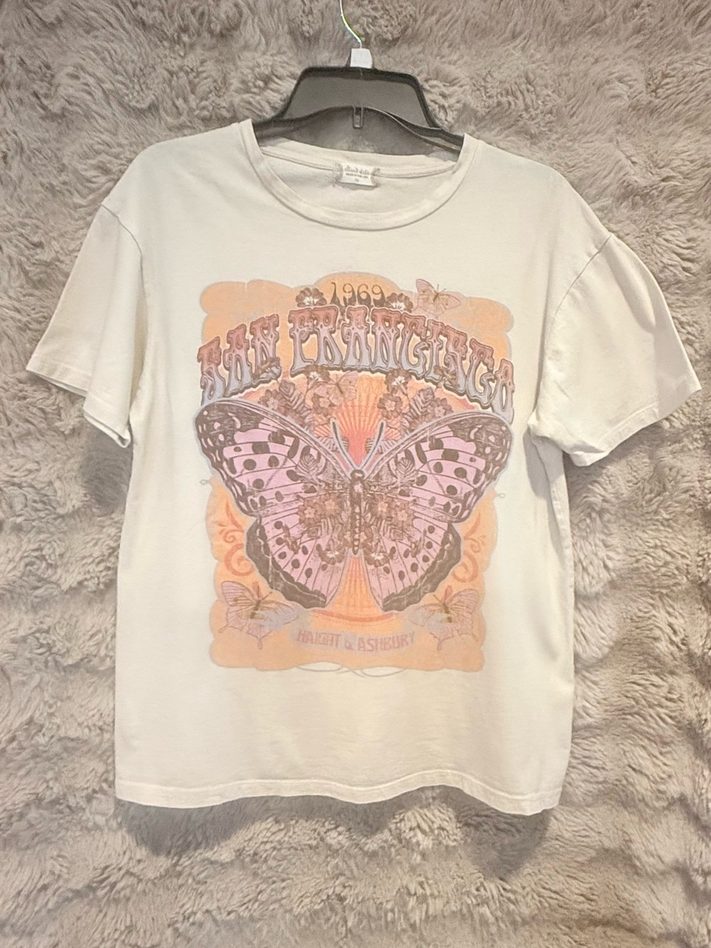 Altar'd State White Tee with Pink & Orange Butterfly Graphic
